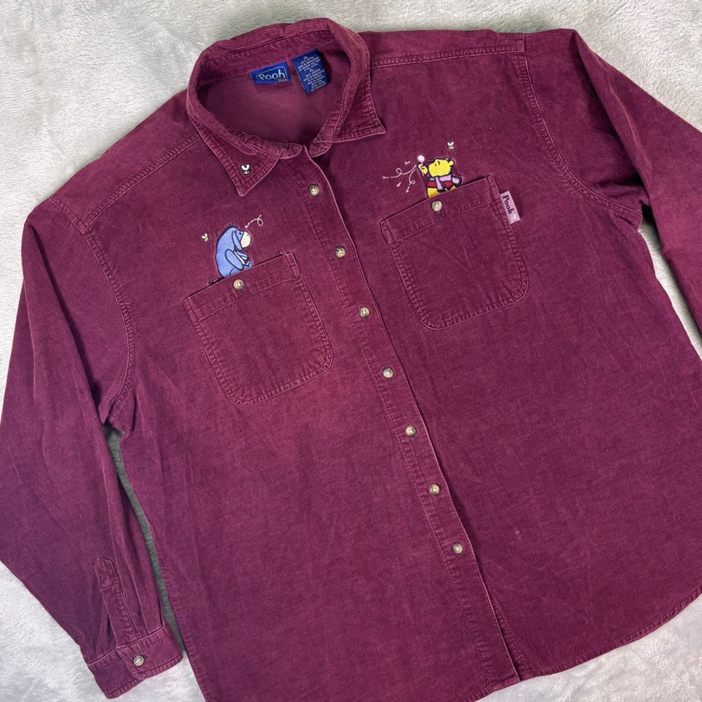 Vtg Disney Women's Winnie the Pooh Corduroy Shirt XL Eeyore Embroidered Maroon